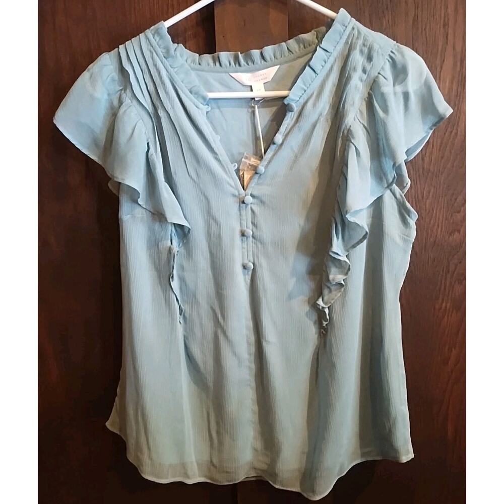 Lauren Conrad Aqua Blue Coquette Blouse Ruffle Lined V Neck Feminine Size Medium